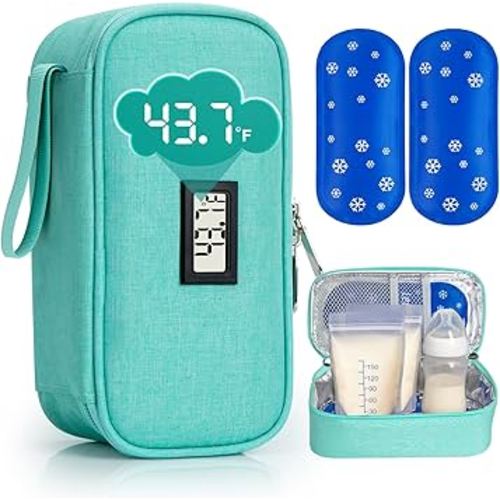 SUNMON Breast Milk Cooler Bag with Real-Time Temperature Display, Portable Travel Breastmilk Storage Case, Includes 2 Reusable Ice Packs, for Pumping Moms on The Go (Light green)