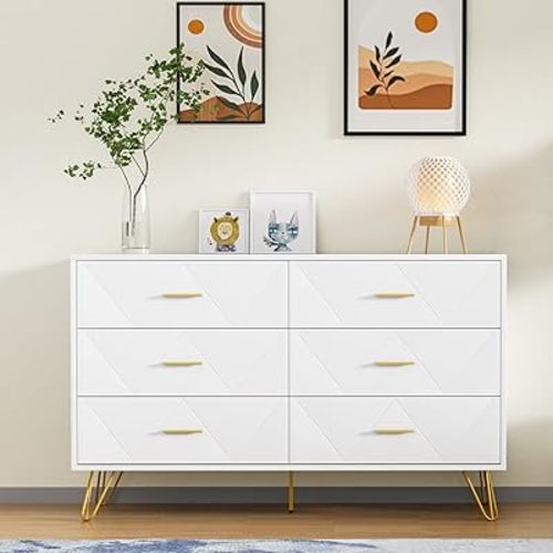 CARPETNAL White Dresser, Modern Dresser for Bedroom, 6 Drawer Double Dresser with Wide Drawers and Metal Handles, Wood Dressers & Chest of Drawers for Hallway, Entryway., (0015)