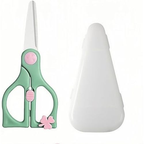 Baby Food Scissors - Toddler Safe Ceramic Kitchen Shears with Safety Lock & Travel Case, Best Scissors for Cutting Kids' Food (Meat, Vegetables, Fruits), Portable & Healthy Baby Helper (Green)