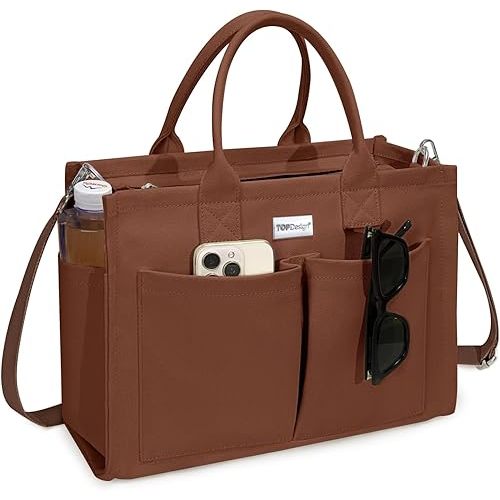 TOPDesign Heavy-Duty Canvas Tote Bag for Women, Adjustable Crossbody/Shoulder Handbag with 9 Pockets, Everything Tote