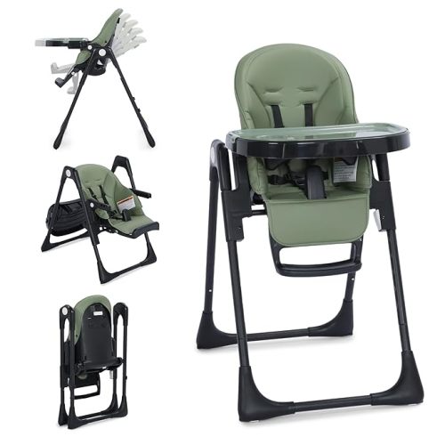 3 in 1 Foldable Baby High Chair, Infant High Chairs for Babies and Toddlers, 6 Height & 5 Recline Adjustable Toddler Feeding Chair, 2 Tray Depth & 3 Footrest Angles, 2 Built-in Wheels, Green