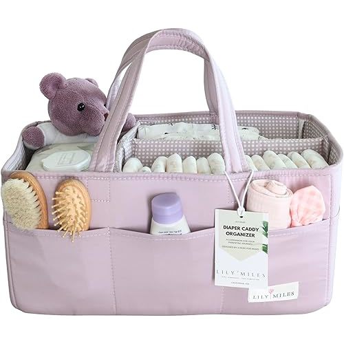 Lily Miles Baby Diaper Caddy Organizer, Wipeable Diaper Organizer Basket with 8 Pockets for Newborn Essentials, Baby Shower Gifts, Nursery Tote Bag for Changing Table or Car (Rosy Lilac, Large)