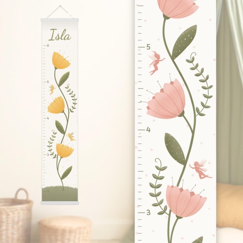 Personalized Growth Chart with Flowers and Fairy, Custom Gift for Baby girl, kids Room Decor