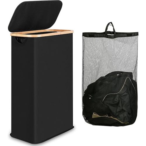 iEGrow 60L Slim Laundry Hamper with Lid Hampers for Laundry,Narrow Laundry Basket with Removable Inner Bag & Bamboo Handles Tall Thin Clothes Hamper for Clothes Toys Towels Organization（Black）
