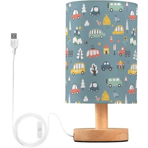 Table Lamp Cute Cars Pattern Cartoon Transportation Doodle Nightstand Lamp with Wood Base Fabric Lamp Shade Bedside Desk Lamp for Living Room Bedroom Kids Room Office