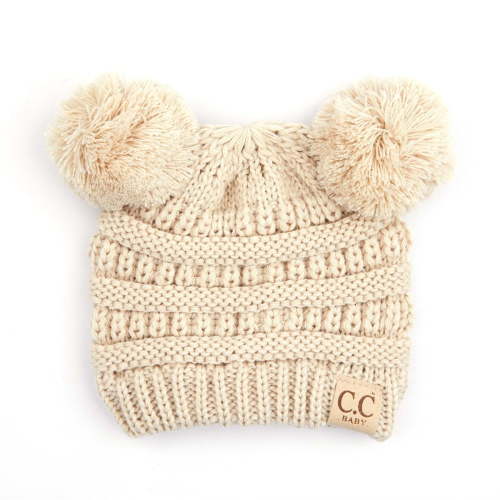 CC Baby Double Pom Cable Knit Yarn Pom Newborn to 9 Months Infant Beanie Beige - Soft, Warm Hats for Babies and Toddlers - Cozy Winter Wear