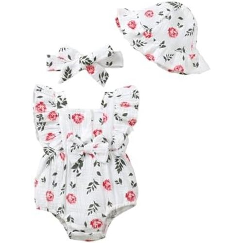 Renotemy Baby Girl Clothes Infant Summer Romper Cotton Linen Newborn Essentials Photography Preemie Outfits with Hat&Headband