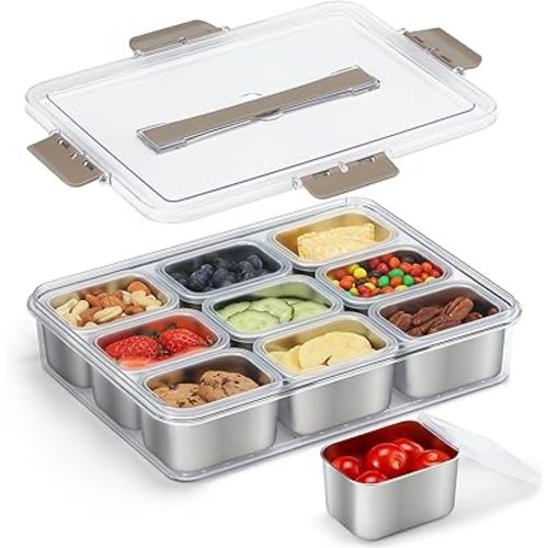 Snackle Box Container, Stainless Steel Snack Containers for Adults, 9 Compartments Divided Serving Tray with Lids and Handle, Portable Snack Platter for Parties, Brown