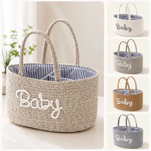 Personalized Cotton Rope Baby Diaper Caddy Organizer with Name, Cotton Rope Storage Basket with Removable Partition Insert, Custom Storage
