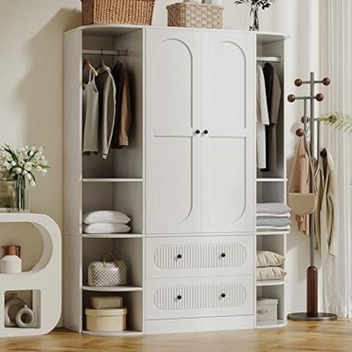 69” Fluted Large Capacity Storage Wardrobe Armoire, Wardrobe Armoire Wooden Closet with 2 Doors, 3 Hanging Rod Shelves, 2 Drawers & 6 Display Shelves, Bedroom Clothing Storage Cabinet White