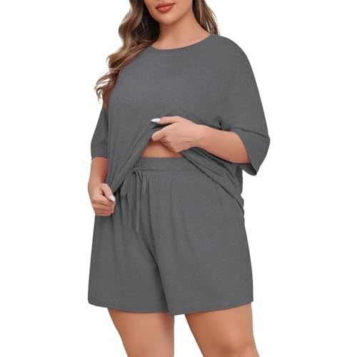 Lastshe Womens Plus Size Pajama Set 2 Piece Soft Short Sleeve with Pockets Summer Shorts Sleepwear Knit Pjs Lounge Set