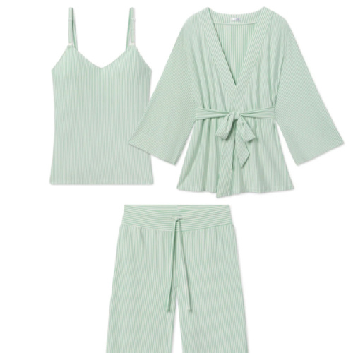LAKE DreamModal™ Pajamas | Parisian Green Pencil Stripe Maternity Kimono Bundle