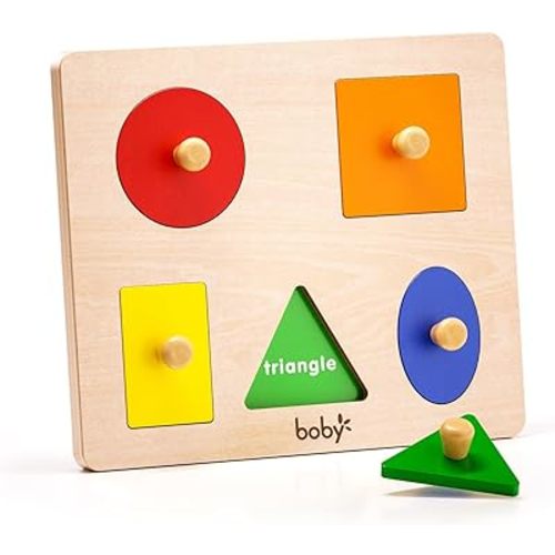Montessori Wooden Puzzle Board Knob Wooden Puzzle Geometric Shape Puzzle Early Education Material Sensorial Toy for Toddler Shape & Color Sorter (5 Geometry Shape)