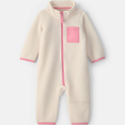 Baby Girl Colour Block Fleece Long-Sleeve Jumpsuit - Cream/Pink | Carter’s Oshkosh Canada