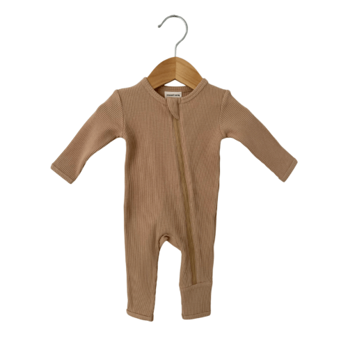 Organic Waffle Basic Zip Romper, Tan