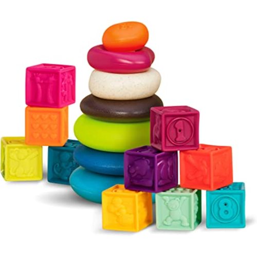 B. toys – Baby Blocks & Stacking – 10 Numbered Blocks & 5 Colorful Rings – Building Play Set for Infants – Educational Toys – One Two Squeeze & Stacking Stones – 6+ Months