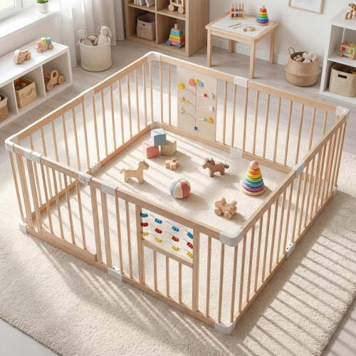 INFANS Wooden Baby Playpen with Adjustable Size & Shape, 8 Panels, Child Proof Lock, Easy to Assemble, Portable Play Yard for Babies Toddlers