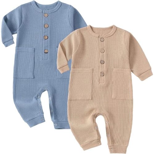 Baby Boys Girls 2 Pack Solid Romper Ribbed Long Sleeve One-Piece Knit Cotton Jumpsuit Outfits Clothes
