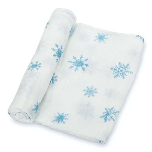 LollyBanks Muslin Swaddle Blanket – 100% Cotton Baby Wrap 47”x47”, Soft Newborn Receiving Blanket, Nursery Essential (Snowflakes Print)