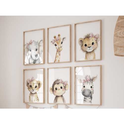 Girl Safari Nursery Wall Art Set of 6, Baby Animal Prints with Pink Bows
