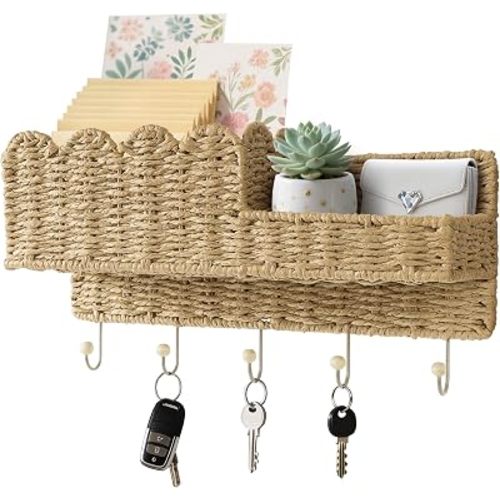 AELS Scalloped Woven Wall Mount Key Holder with 5 Hooks, Decorative Paperstraw Mail Organizer for Entryway, Wave Design Ratten Key Rack, Entryway Organizer, Living Room & Hallway Decor, Natural
