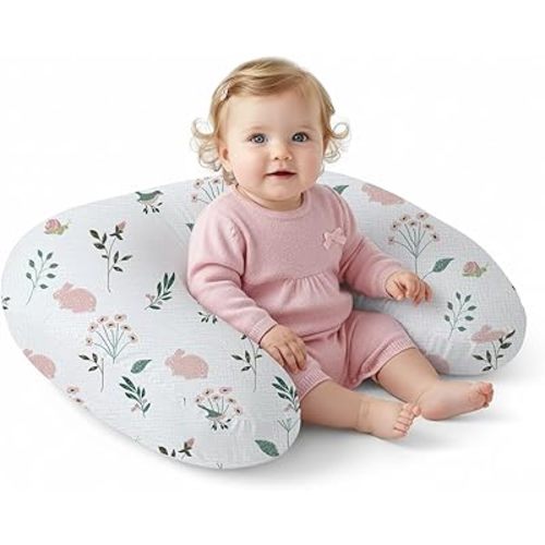 Little Grape Land Muslin Nursing Pillow, Soft 100% Cotton Breastfeeding Pillow with Breathable Removable Cover,Pink Bunny Breast Feeding Pillows for Babies 0-12 Months with Protective Zipper