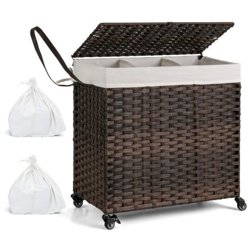 Costway Laundry Hamper w/Wheels & Lid, 125L 3-Section Clothes Hamper w/2 Liner Bags Brown