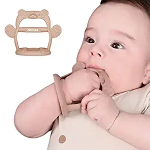 PETINUBE Anti-Dropping Silicone Baby Wrist Teether Soothing Pacifier for Infants 3+ Months Babies, Pack of 1, Made in Korea (Bear, Cozy Beige) - Bear-Cozy Beige