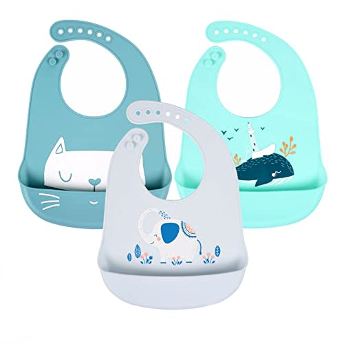 Baby Silicone Feeding Bibs, 3pcs Adjustable Waterproof Bibs for Feeding