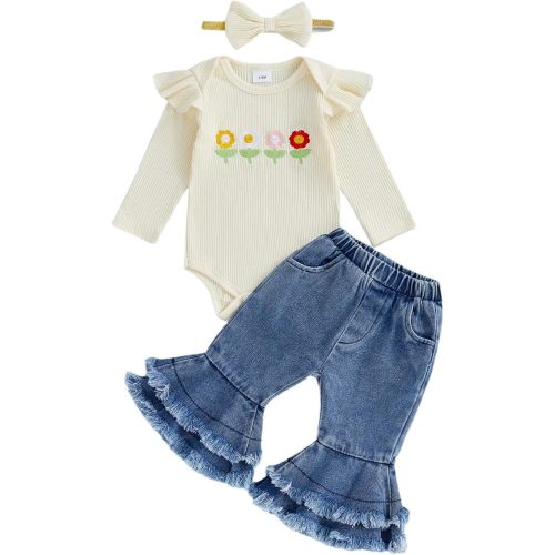 fhutpw Newborn Baby Girl Outfits Rib Knit Romper Jeans Flare Pants Headband Infant Fall Winter Clothes 0 3 6 9 12 18 Months