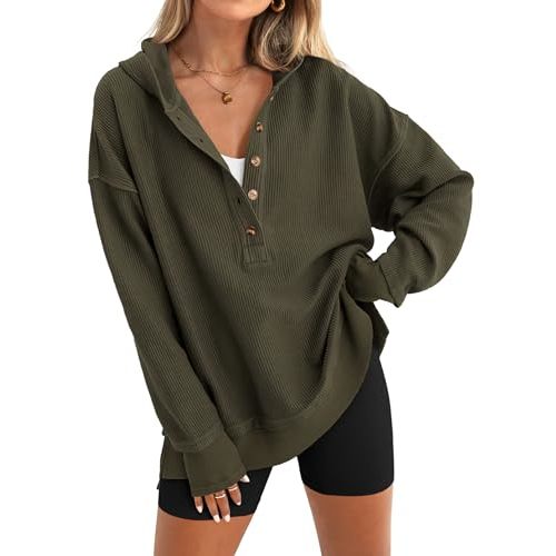 PRETTYGARDEN Womens Fashion 2025 Oversized Long Sleeve Hoodie Button Down V Neck Sweatshirt Side Slit Casual Pullover Tops