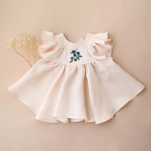 Girl Blouse in IVORY Linen, Flutter Sleeve Tie Back Top with "Blueberry" Embroidery