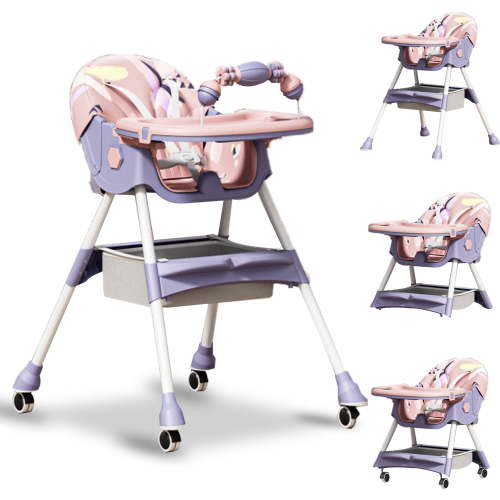 XunKA 4-in-1 Baby High Chair, Portable Dining Chairs Eat & Play with Double-Layer Dinner Plate and Toy Rack,for Months Infants and Toddlers,Purple.