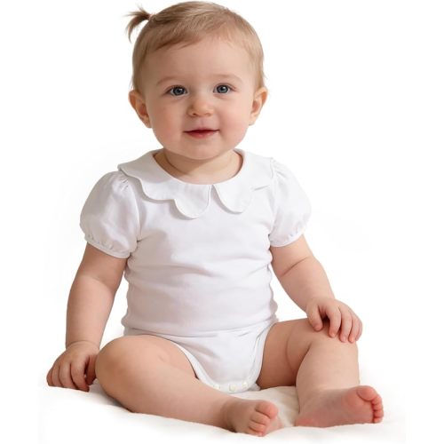 LYSMuch 0-24Mo Baby Girls Peter Pan Collar Bodysuit Toddler Ruffle Romper Short Sleeve Solid Color Clothes