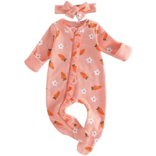 KtwHarnu Newborn Baby Boy Girl Easter Outfit Bunny Ruffle Zipper Footie Long Sleeve Zip Up Romper Jumpsuit Going Home Outfit