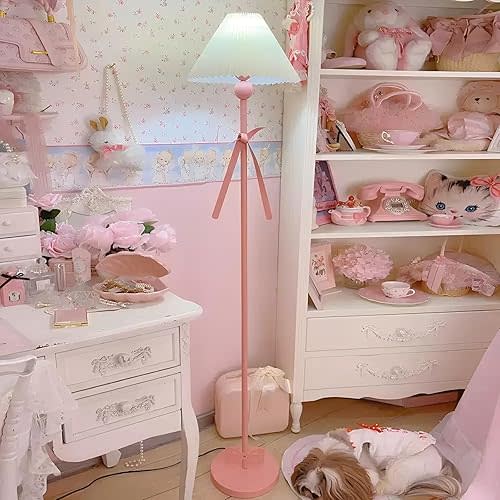 Pink Floor Lamp, Modern Corner Tall Lamp with Pleated Fabric Shade, E26 Base, Cute Bow Standing Lamp for Living Room Bedroom Girl's Room Decor