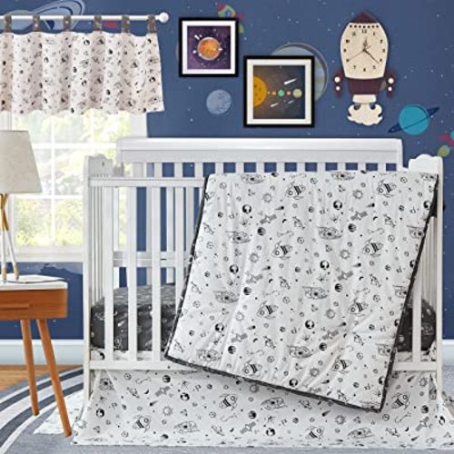 Brandream Milky Way Space Galaxy 3-Piece Baby Boy Girl Nursery Crib Bedding Set with Spaceship Rocket Theme - Black and White Bedding