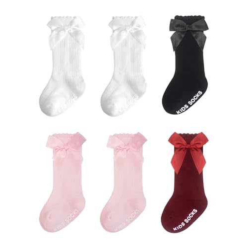 Baby Knee High Socks Girl Non Slip Toddler Stockings Cotton Bow Ruffle Newborn Long Socks Infant Dress Sock 0-6M/6-12M/1-3Y