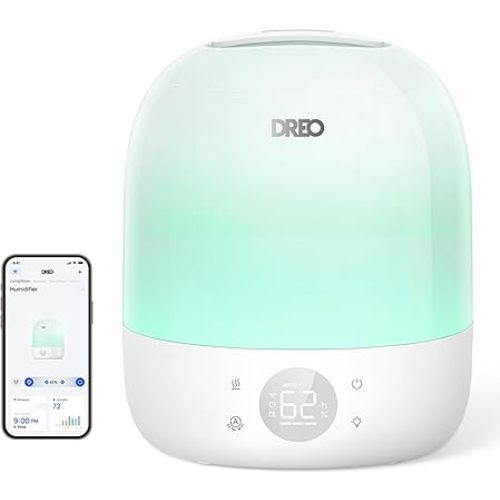 DREO Humidifiers for Bedroom - 30H Max Runtime & RGB Night Light & Sleep Trainer, Ultra Quiet 28dB Cool Mist Humidifier, Top Fill Smart Air Humidifier for Plants, Perfect for Baby & Nursery, HM409S