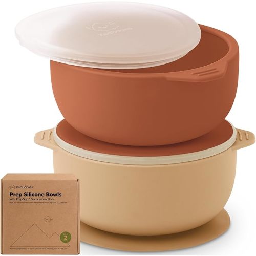 KeaBabies 2-Pack Baby Bowls with Suctions, Lids, Silicone (Terracotta) | Toddler Suction Bowls for Baby Boys, Girls, Kids, Food Grade Silicone, Dishwasher Safe, BPA-Free, Baby Eating Essentials