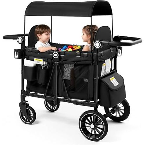 Kinder King Wagon Stroller for 2 Kids, All-Terrain Foldable Outdoor Stroller Wagon 2 Seater, Removable Canopy, Adjustable Handle, Shock-Absorbing Wheel, Detachable Tray, Large Storage, Black