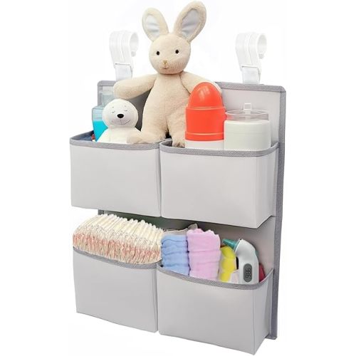 Hanging Diaper Organizer for Crib/Playard/Bassinet – H19 x L15 Hold 80+ Diapers - Changing Table Diaper Holder - Hanging Diaper Stacker Nursery Caddy Organizer for Boy or Girl (Silver-grey)