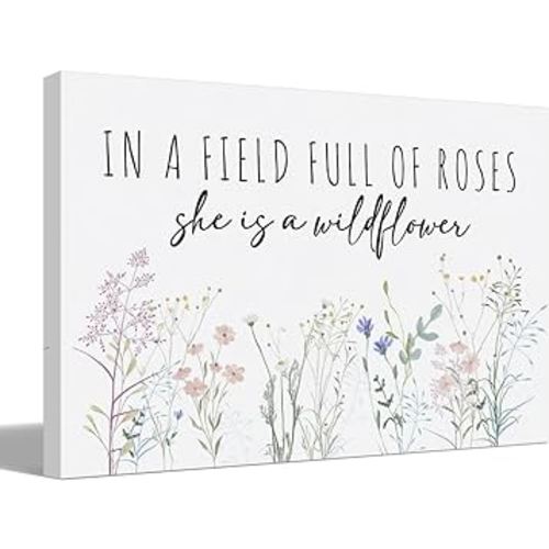 BIWSHA Spring Decor,In a Field Full of Roses She Is a Wildflower Wall Print,Inspirational Wall Art,Girls Bedroom Girl Nursery Decor,Wall Canvas Art Decor for Baby Room Living Room 14x11 Inch
