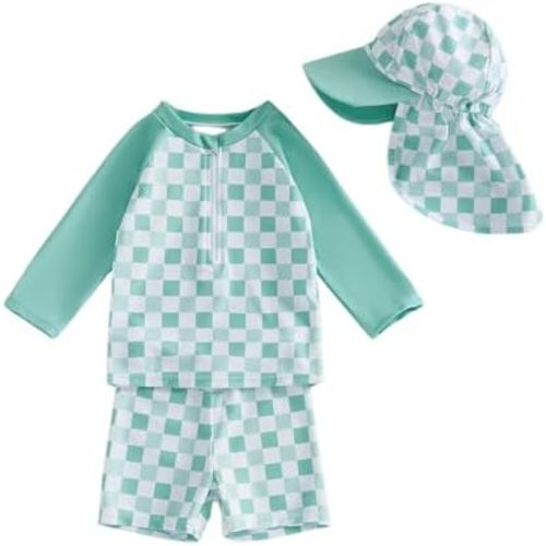 Baby Boys Swimsuit Short Sleeve Rashguard Swim Bathing Suit Swimwear Boy Swim Trunk with Hat Toddler Bathing Suit