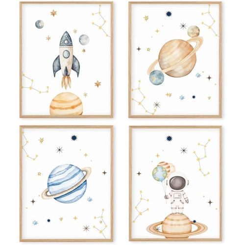 Boat Wades Space Themed Bedroom Decor Wall Art Unframed,Space Nursery Decor 8x10 Inches Set Of 4,Solar System Poster Prints Pictures