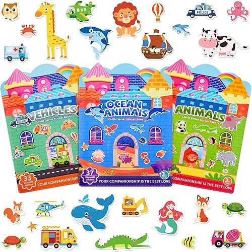 ASTARON 6 Pack Reusable Sticker Book for Toddlers, 3d Sticker Educational Game Sensory Learning Toy, Travel Activity Book Set for Toddlers 3-4 Years