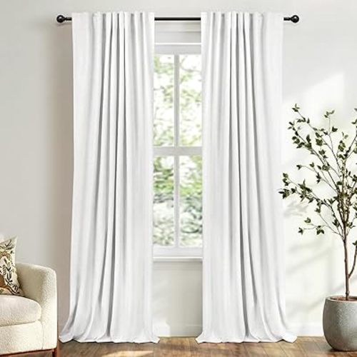 100% Blackout Shield White Linen Blackout Curtains for Bedroom 84 Inches Long, Back Tab/Rod Pocket Living Room Drapes, Thermal Insulated Blackout Curtains 2 Panels Set, 50" W x 84" L,Blanc de Blanc