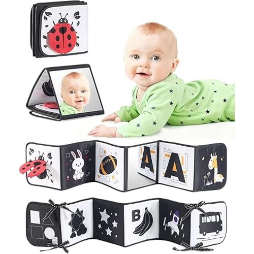 High Contrast Black and White Baby Toys for Newborn 0-6 Months – Contrast Cards & Sensory Baby Book with Mirror – Tummy Time Infant Toys for Visual Stimulation, Early Learning & Brain Development