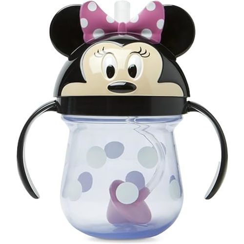 The First Years Disney Minnie Mouse Weighted Straw Cup - Spill Proof Toddler Cups with Flip Top Cover and Silicone Straw - Dishwasher Safe - 7 Oz - 6 Months and Up