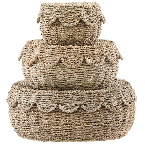 Cinnvoice Set of 3 Scalloped Baskets with Lids 10/13/14 Inch Hand Woven Storage Wicker Baskets for Baby Shower Gifts Baby Diaper Caddy Organizer for Nursery Room(Sea Grass)